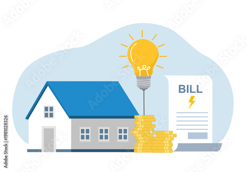 Saving energy and money concept showing a small house model with an electricity bill and stacks of coins supporting a glowing light bulb.