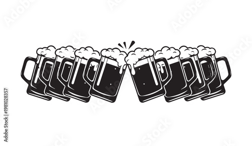 Row of beer mugs clinking together with frothy heads in a celebration
