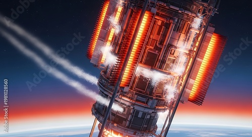 Futuristic spaceship engine glowing with intense heat during atmospheric re-entry above planet earth with wispy exhaust trails