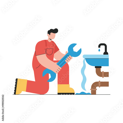 Plumber kneeling with wrench repairing leaking faucet.