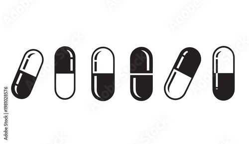Set of Six Pharmaceutical Capsules in Silhouette Against White Background