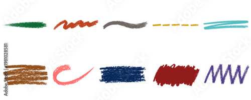 Hand drawn wax crayon strokes underlines and highlight marks set