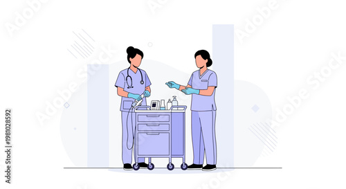 Nurses with Medical Cart, Healthcare Professionals, Medical Equipment, Hospital Scene