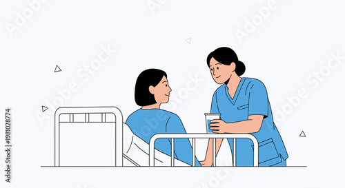 Nurse giving water to patient in hospital bed, healthcare illustration