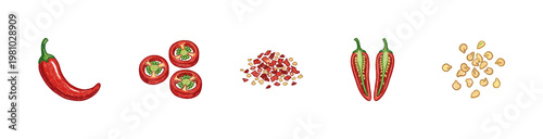 Red Hot Chili Peppers and Spicy Food Ingredients with Inky Brush Strokes and Crayon Colorful Aesthetic