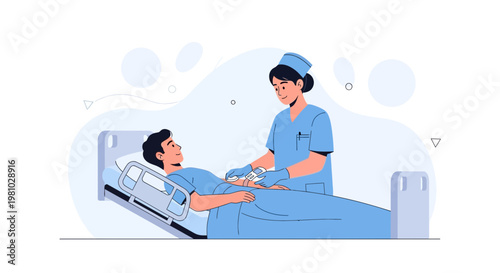 Nurse Caring for Patient in Hospital Bed, Medical Healthcare Illustration