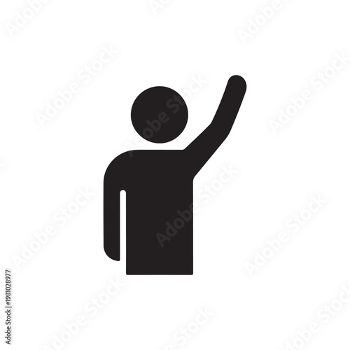 A black silhouette of a person with one arm raised in a gesture, isolated on white background
