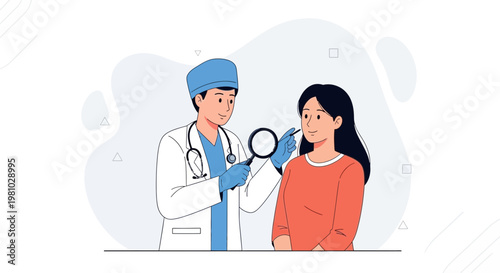 Dermatologist examines patient's face with magnifying glass, skin checkup concept