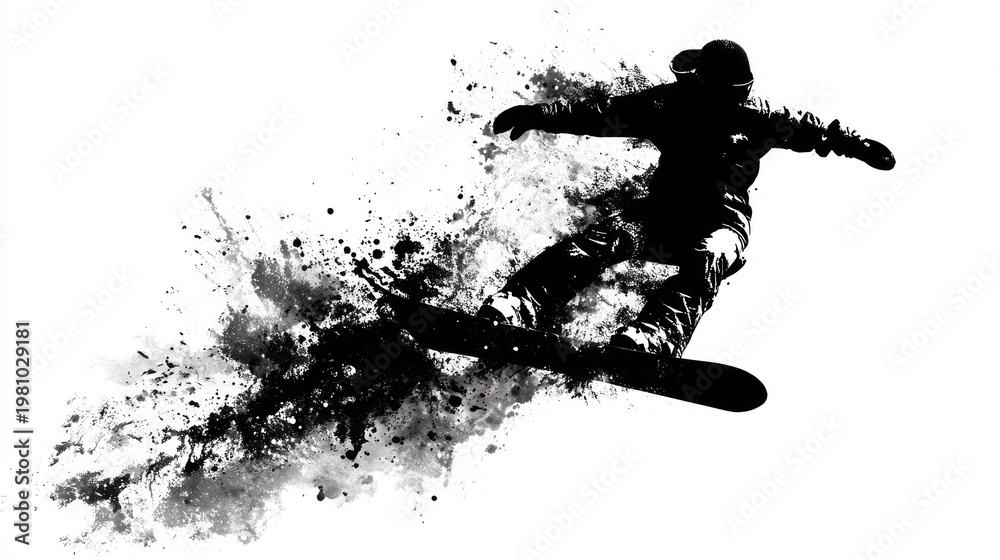 Obraz premium Snowboarder performing a trick silhouette on white