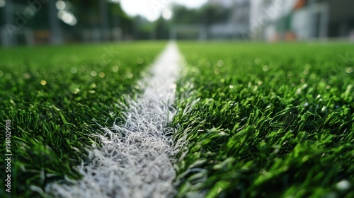 Close up of artificial turf field with white line