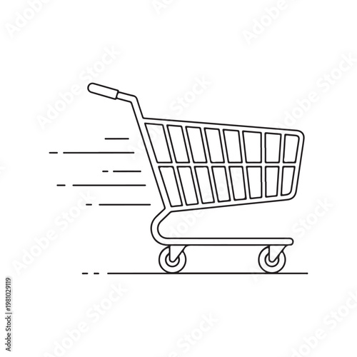 A black line drawing of a shopping cart speeding along on white background with motion lines