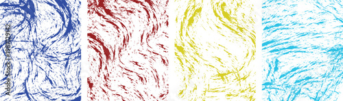 Set of four abstract grunge textures with wavy brush strokes in blue, red, yellow and cyan colors vector illustration