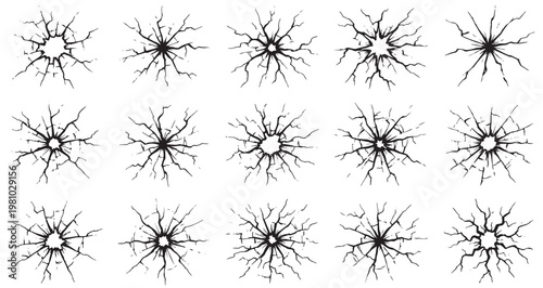 Solar Flare Crack Patterns Set, starburst effect, shattered glass Editable Vector Stroke Illustration. featuring crack, broken, shatter, damage, fracture, glass, destruction, impact, burst more.