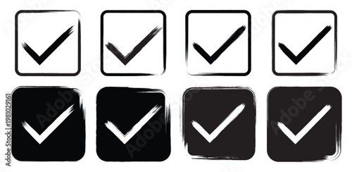 Grunge crayons Hand drawn checkmark and cross Icon set. Grunge Brush Stroke Check Mark, Tick And Cross.  Hand Drawn Check Mark, Cross Icons Set in Circle and Square Styles. Vector Illustration.
