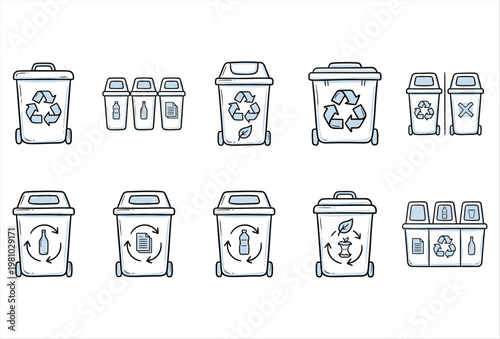 Hand Drawn Recycle Bin Icon Set – Eco Friendly Waste & Recycling Symbols