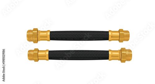 Two professional grade black braided hydraulic hoses with gold brass connectors are displayed horizontally against a clean white backdrop under bright studio lighting.