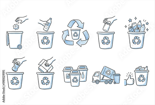 Hand Drawn Recycle Bin Icon Set – Eco Friendly Waste & Recycling Symbols