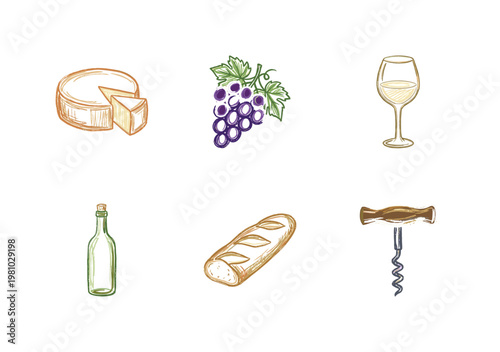 Cheese and Wine Tasting Elements with Inky Crayon Pencil Texture and Organic Colorful Style