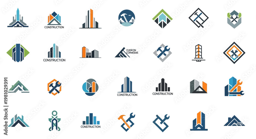 Fototapeta premium Modern Construction Company Logos and Icons - Buildings, Tools, Architecture Design Set