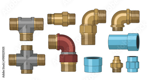 A diverse collection of plumbing components showcases golden brass elbows and tees alongside light blue plastic PVC pipe connectors on a white background.
