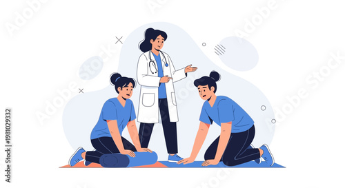 Doctor teaching CPR to two women on yoga mat, illustration