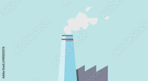 Flat Design Industrial Chimney Emitting Smoke Against Clear Blue Sky