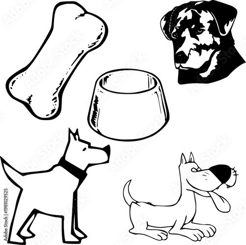 dog vector set with cute cartoon puppies bone food bowl and rottweiler head