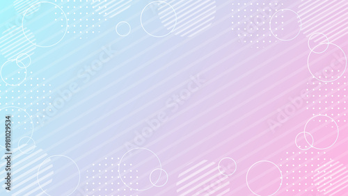 水色とピンクのグラデーションメンフィス背景 斜めストライプとドットのポップデジタルデザイン 横長 16対9