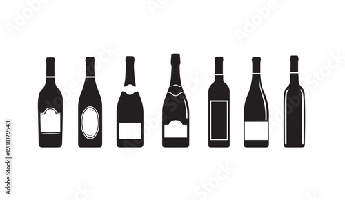 Assorted glass beverage bottles in silhouette on a white background