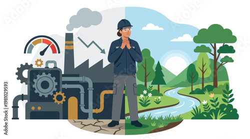 Man standing between factory and nature.