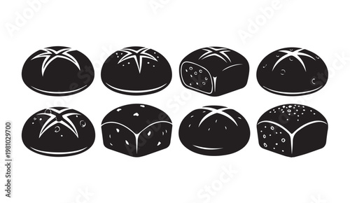 Assortment of fresh baked bread rolls and loaves presented in a clean graphic style
