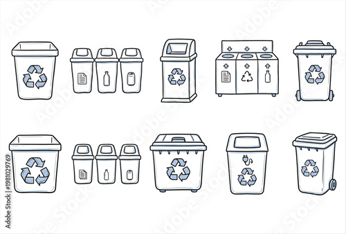 Hand Drawn Recycle Bin Icon Set – Eco Friendly Waste & Recycling Symbols