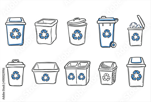 Hand Drawn Recycle Bin Icon Set – Eco Friendly Waste & Recycling Symbols