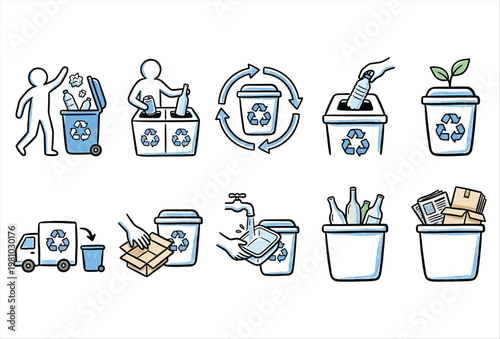 Hand Drawn Recycle Bin Icon Set – Eco Friendly Waste & Recycling Symbols