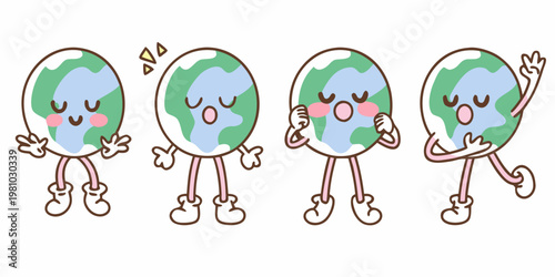 Four adorable earth characters expressing different emotions and gestures