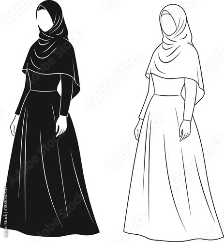 Elegant Muslim woman in hijab silhouette and line art icons, modest Islamic fashion dress, abaya outfit illustration on white background.