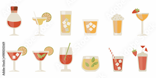 Variety of colorful summer cocktails and drinks in illustrated style