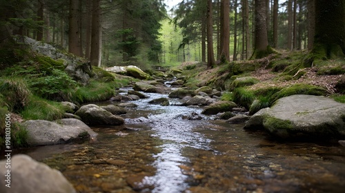 A serene eye level view of a shallow forest stream flowing through moss covered rocks and dense woodland