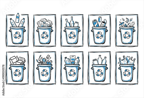 Hand Drawn Recycle Bin Icon Set – Eco Friendly Waste & Recycling Symbols