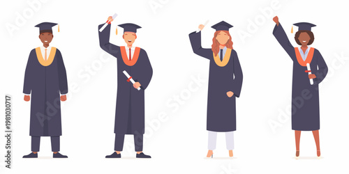 Four diverse graduates celebrating their accomplishment with diplomas and joy