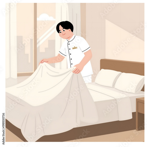 Hotel Housekeeper Character Making the Bed in Luxury Bedroom