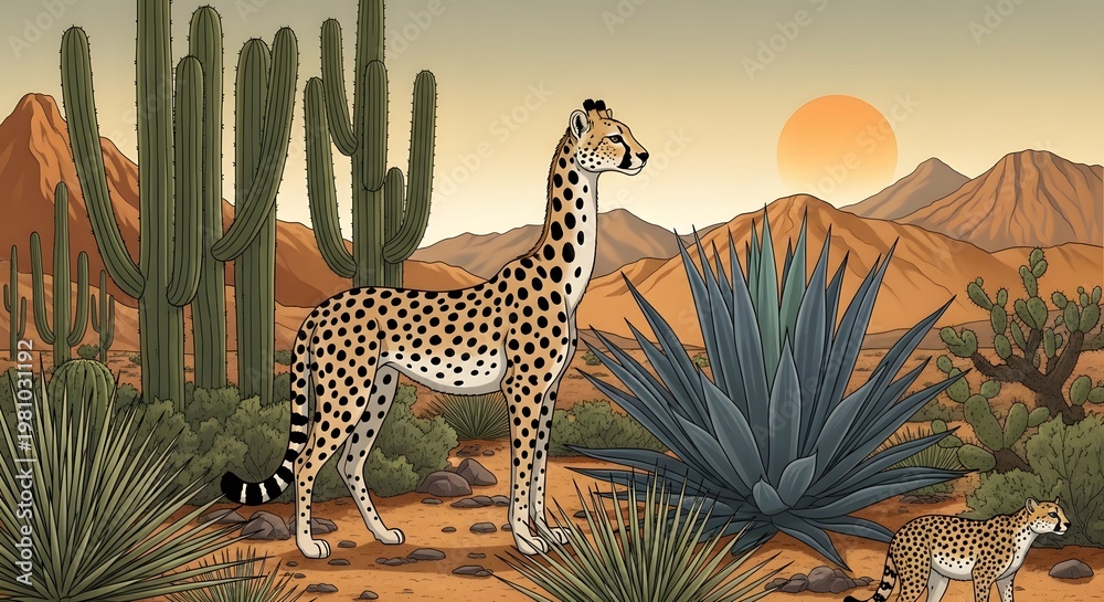 Obraz premium Cheetahs standing in desert landscape with cacti and mountains