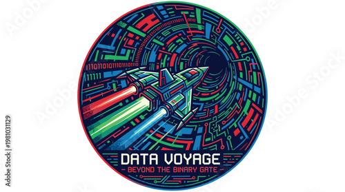Detailed spaceship flies through a circular digital tunnel filled with glowing binary code and complex circuit patterns in a vibrant cosmic adventure.