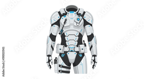 A complete white and grey futuristic space suit with vibrant blue light accents and a detailed utility belt stands upright against a plain white background.