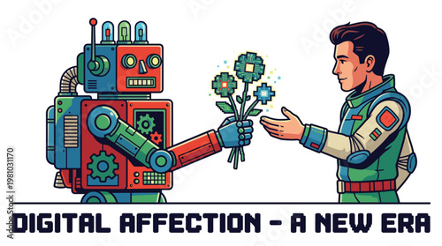 Mechanical robot with exposed internal gears offers a glowing bouquet of intricate circuit-board flowers to a human wearing a sleek futuristic suit.