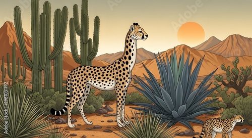 Cheetahs standing in desert landscape with cacti and mountains