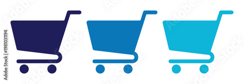 Minimalist shopping cart icons in blue gradient, set of 3 flat vector ecommerce symbols, modern retail trolley signs for web and mobile apps