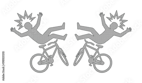 Bicycle accident icon set, falling cyclist silhouette vector, mountain bike crash illustration, road safety and injury warning signs