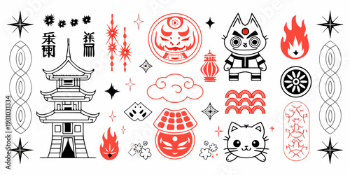Japanese inspired tattoo flash sheet with demons towers and whimsical creatures