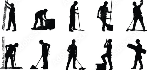 Black silhouette icons of construction workers, laborers, and equipment, set of 10 vector graphics